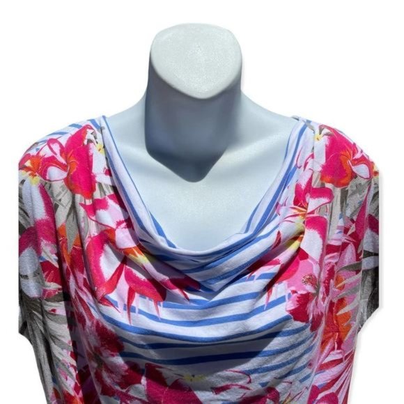 Olsen Europe White Blue Stripped Pink Red Floral Cap Sleeve Blouse Size M - Picture 3 of 8